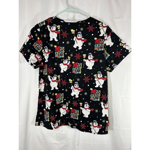Frosty the Snowman Womens Size S Merry Christmas Holiday Nurse Scrub Top Ladies - Picture 3 of 4